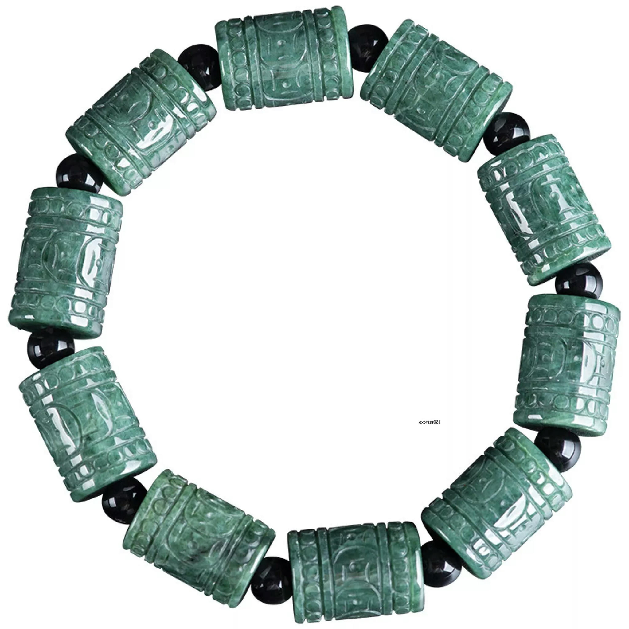 HOOUN Natural Grade A Jade Jadeite Men Women Carved Coin Column Round Beads Bracelet