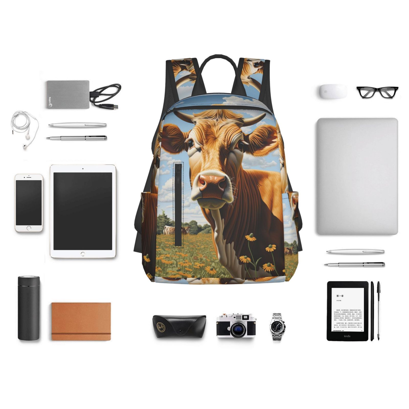 Xecao Daisy Flower Field Cow print Backpack For women men Aesthetic Lightweight Travel Daypack Simple Cute Backpack For Bookbag