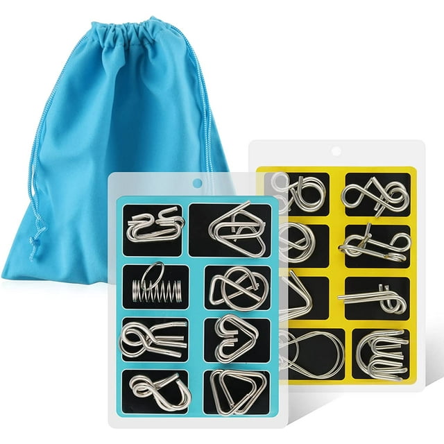 Juego de 16 rompecabezas de alambre de metal con bolsa, prueba de inteligencia, desenredar enlaces de hierro, desbloqueo, juego de enclavamiento, anillo chino, truco mágico, juguete para fiestas, niños, adultos, desafío JM Juego mental