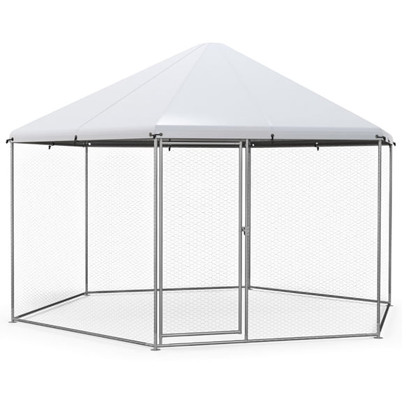 Spaco 13FT Large Metal Hexagonal Chicken Coop with Wire Mesh and Lockable Door