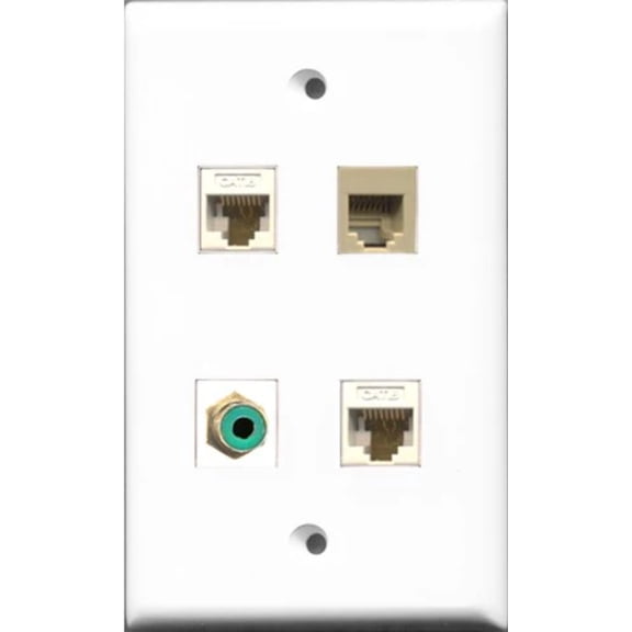 RiteAV 1 Port RCA Green and 1 Port Phone RJ11 RJ12 Beige 2 Port Cat6 Ethernet White Wall Plate