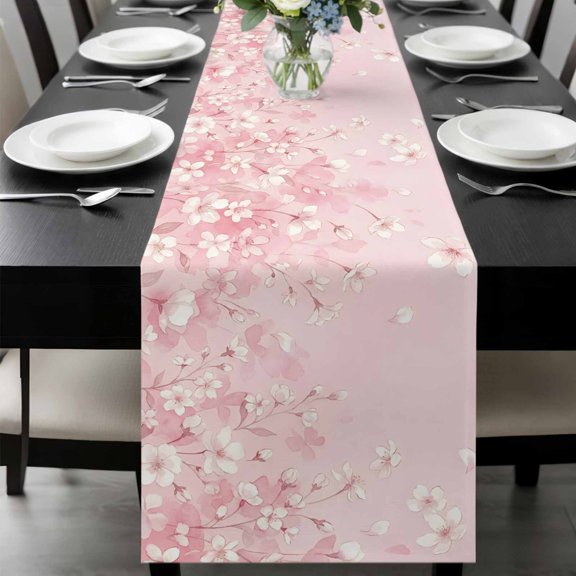 Cherry Blossoms Table Runner, Japanese Gradient White Pink Floral Pink Washable Cotton-linen Table Runners Dining Kitchen Decoration for Everyday Home Wedding Party Decor, 13 x 120 Inch