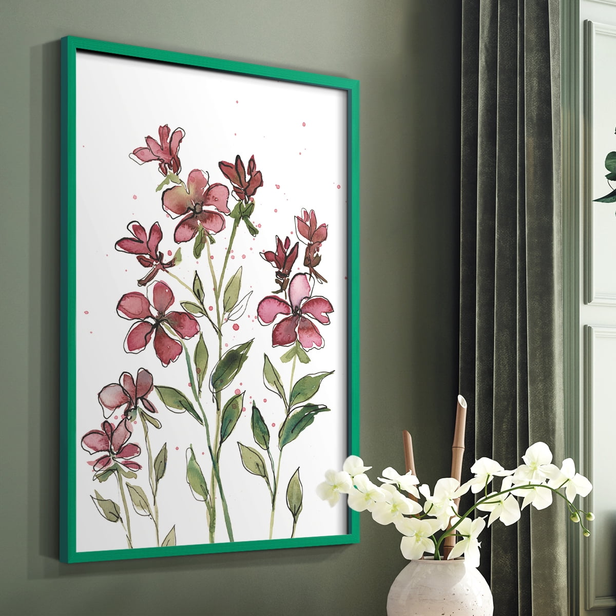 Watercolor Floral Stems II Framed Print in Green Solid Wood 11 x 14 Framed Print