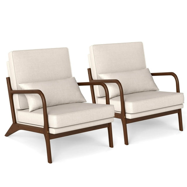 Costway 2 PCS Modern Accent Chair Upholstered Leisure Armchair with Rubber Wood Armrests