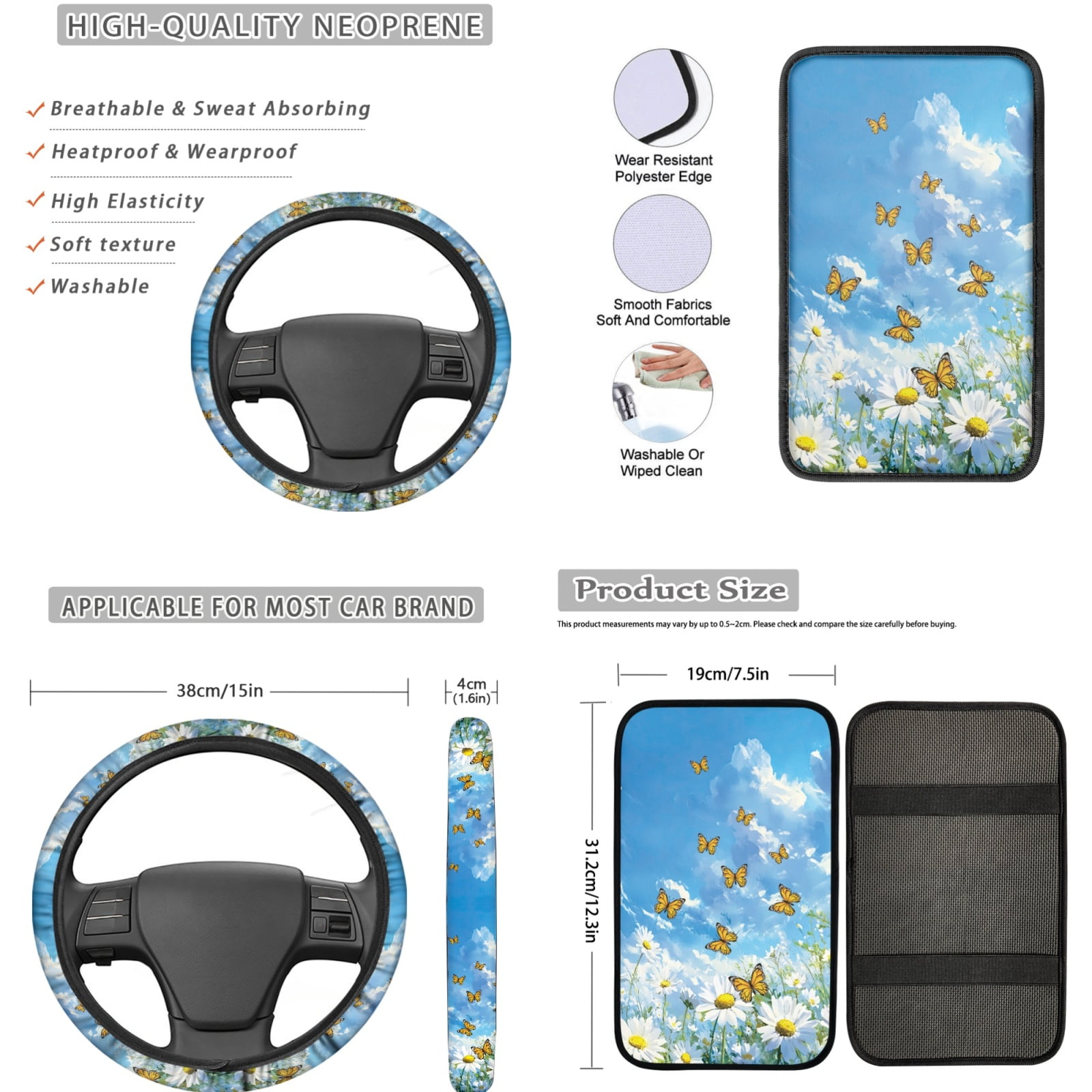 Jeiento Daisy Car Seat Cover Full Set 17 Pack Car Floor Mats Steering Wheel Cover Keychains Seatbelt Pad Armrest Cover Butterfly Cup Coasters Blue Lipstick Holder Universal Fit for SUV Sedan Van