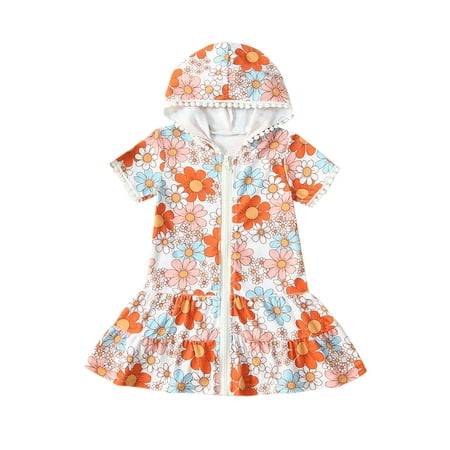

Qtinghua Toddler Baby Girls Swimsuit Cover Up Summer Floral Hooded Short Sleeve Beach Rash Guards Bathing Suit Orange 12-18 Months