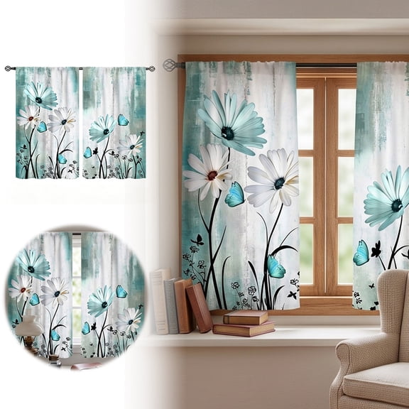 Teal White Daisy Curtains, Farmhouse Modern Flower Retro Floral Spring Butterfly Rural Country Style Turquoise Small Short Window Curtains for Living Room Bedroom Kitchen Bathroom