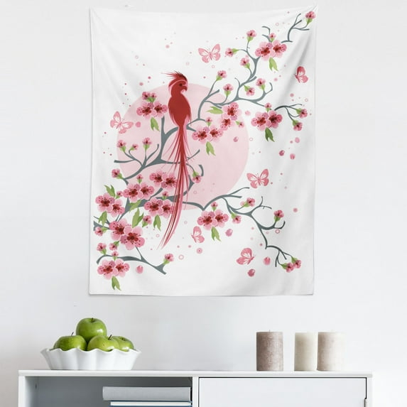 Animal Tapestry, Mythical Long Lived Phoenix Bird on Floral Sakura Branch Looking Back Art, Fabric Wall Hanging Decor for Bedroom Living Room Dorm, 5 Sizes, Pink, by Ambesonne