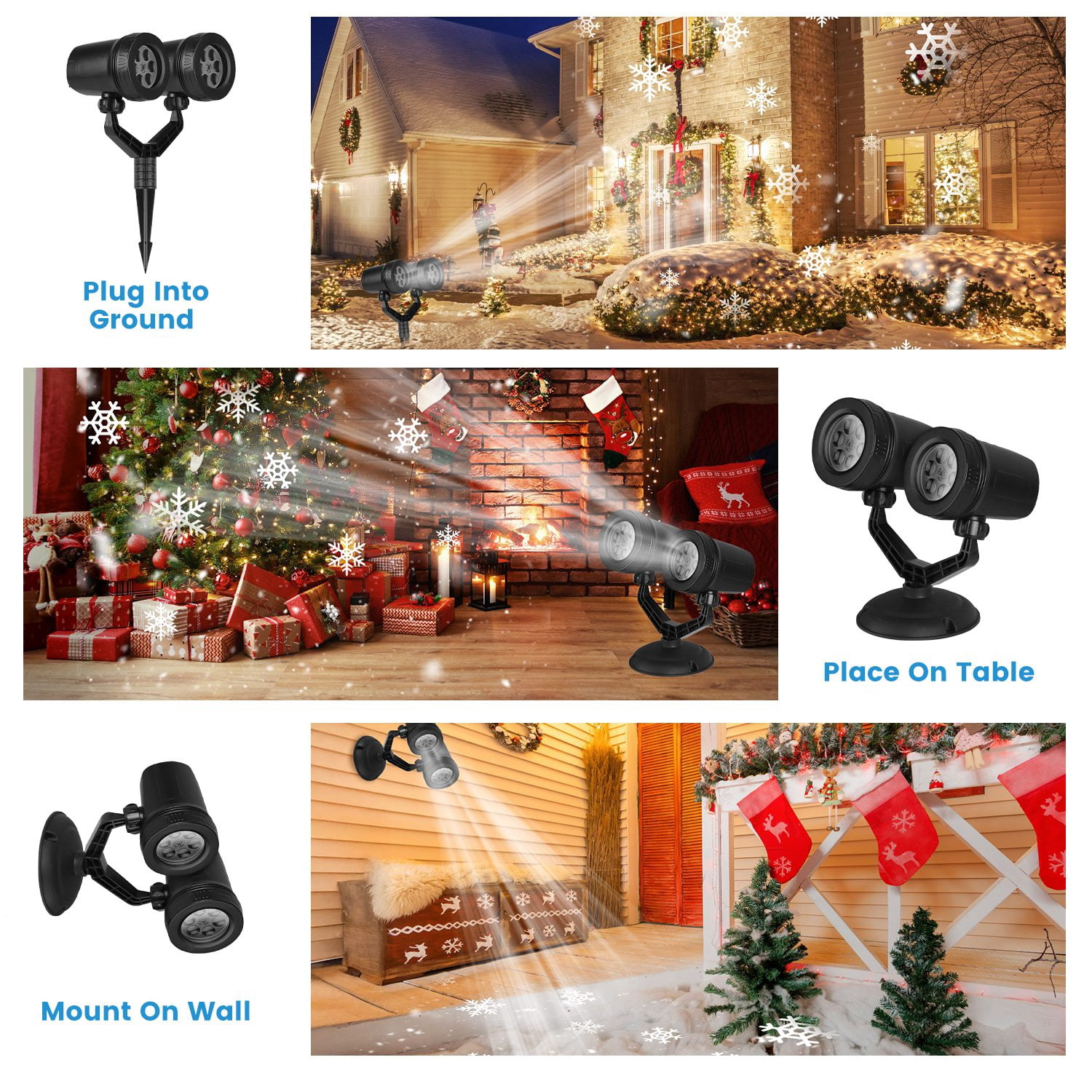 Astoutdoor Snowflake Projection Light with Dual Adjustable 180° Heads, IP44 ABS Outdoor Projector Light, 4 Dynamic Snowflake Patterns for Holiday Indoor and Outdoor Decor
