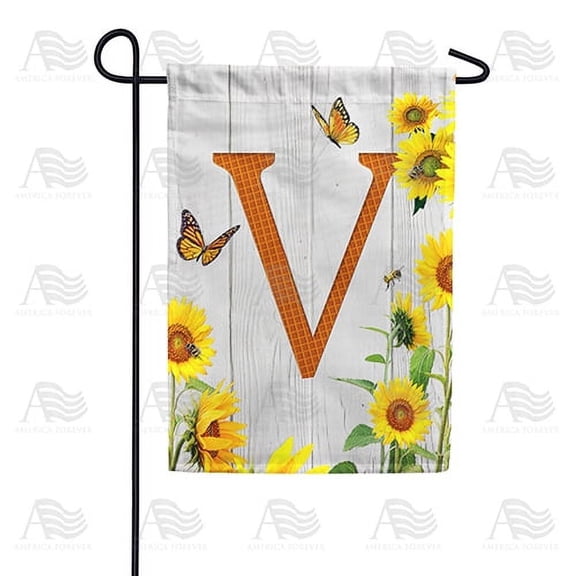 America Forever Spring Monogram Garden Flag Letter V 12.5 x 18 inches Double Sided Vertical Outdoor, Yard, Lawn, Beautiful Yellow Flowers, Sunflower Garden Flag