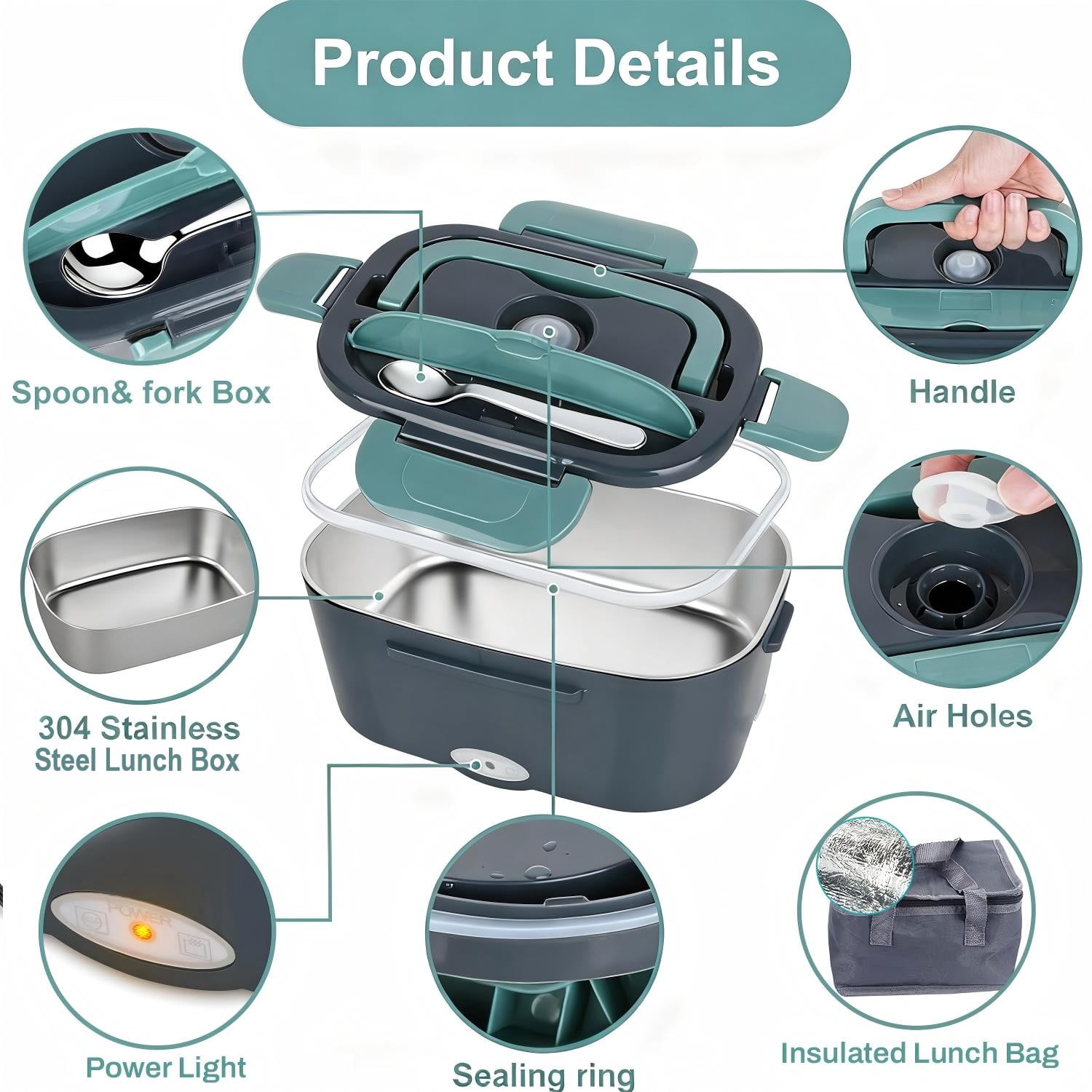 Behome Electric Lunch Box, 3 in 1 Heated Lunch Boxes for Adults, Stainless Steel Food Warmer with 1.5L Container Fork & Spoon, for Work/Car/Truck/Travel