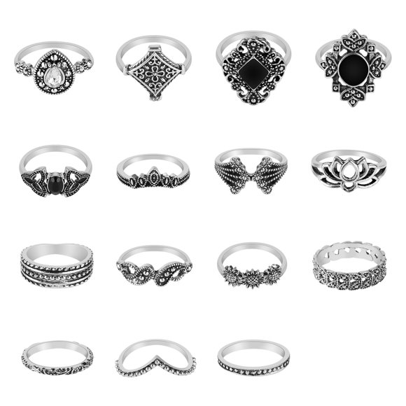 15pcs Girls Bohemian Retro Flower Ring Female Antique Rings Jewelry Hand Ornament Holiday Gift