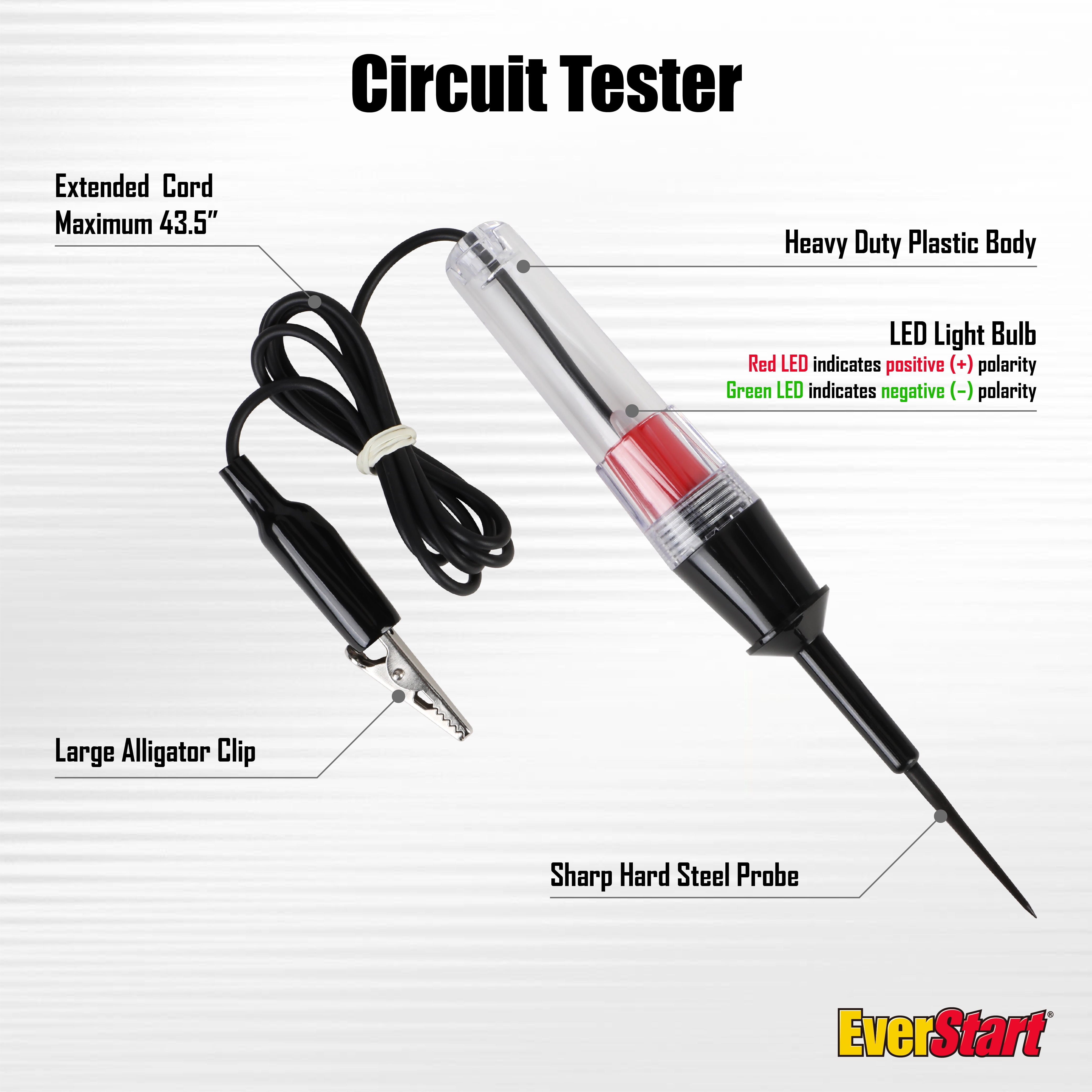 EverStart 6-24V Automotive Circuit Tester, Bidirectional Polarity Test Light with Red/Green LED Indicator
