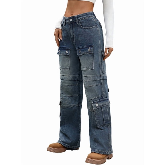 Women'S Cargo Pants Low Waist Baggy Jeans Pocket Wide Leg Casual Trendy Streetwear Blue S