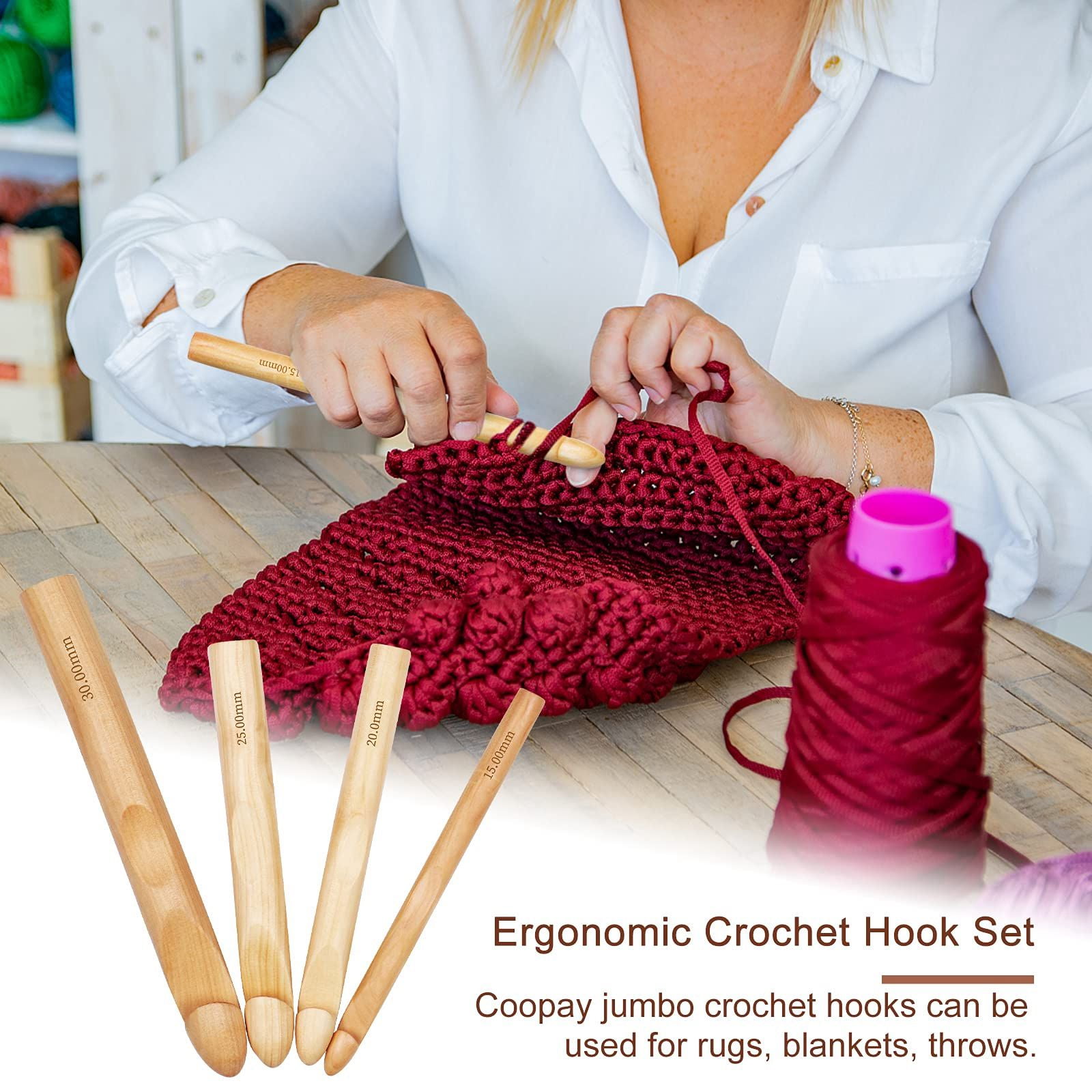 Crochet Hooks 15mm 20mm 25mm 30mm Wooden Crochet Hook Set for Chunky Yarn, Crocheting Huge Crochet Hooks, Other