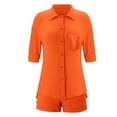 thumbnail image 4 of Htigea Women's Summer Two Piece Sets Short Sleeve Button Down Shirts Drawstring Shorts Linen Outfits Casual Beach Wear Orange M, 4 of 5