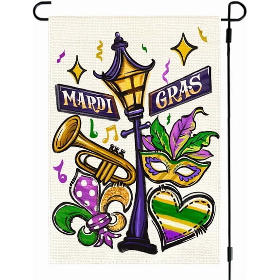 Mardi Gras Garden Flag Double Sided 12x18 Inch Outdoor Decoration with Street Lamp Fleur De Lis Mask Purple Green Gold Carnival Party Accessory