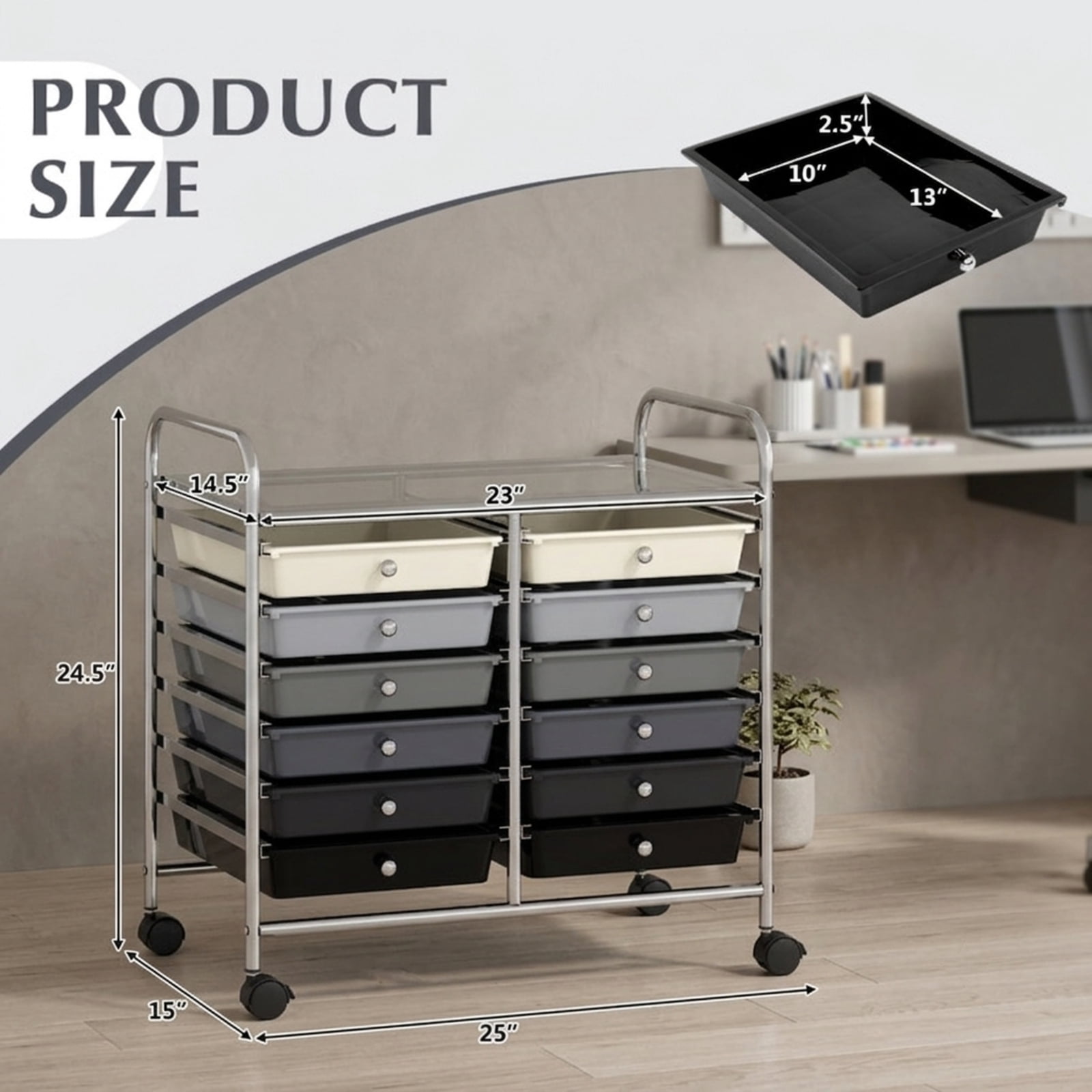 Furnibear 12 Drawers Rolling Storage Cart for Home and Office-Gradient Grey for Home Office Filing Document Letter Legal Storage, Brown