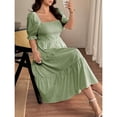 thumbnail image 4 of Green Gingham Square Neck A-Line Midi Dress With Half Puff Sleeves Casual Summer, 4 of 8