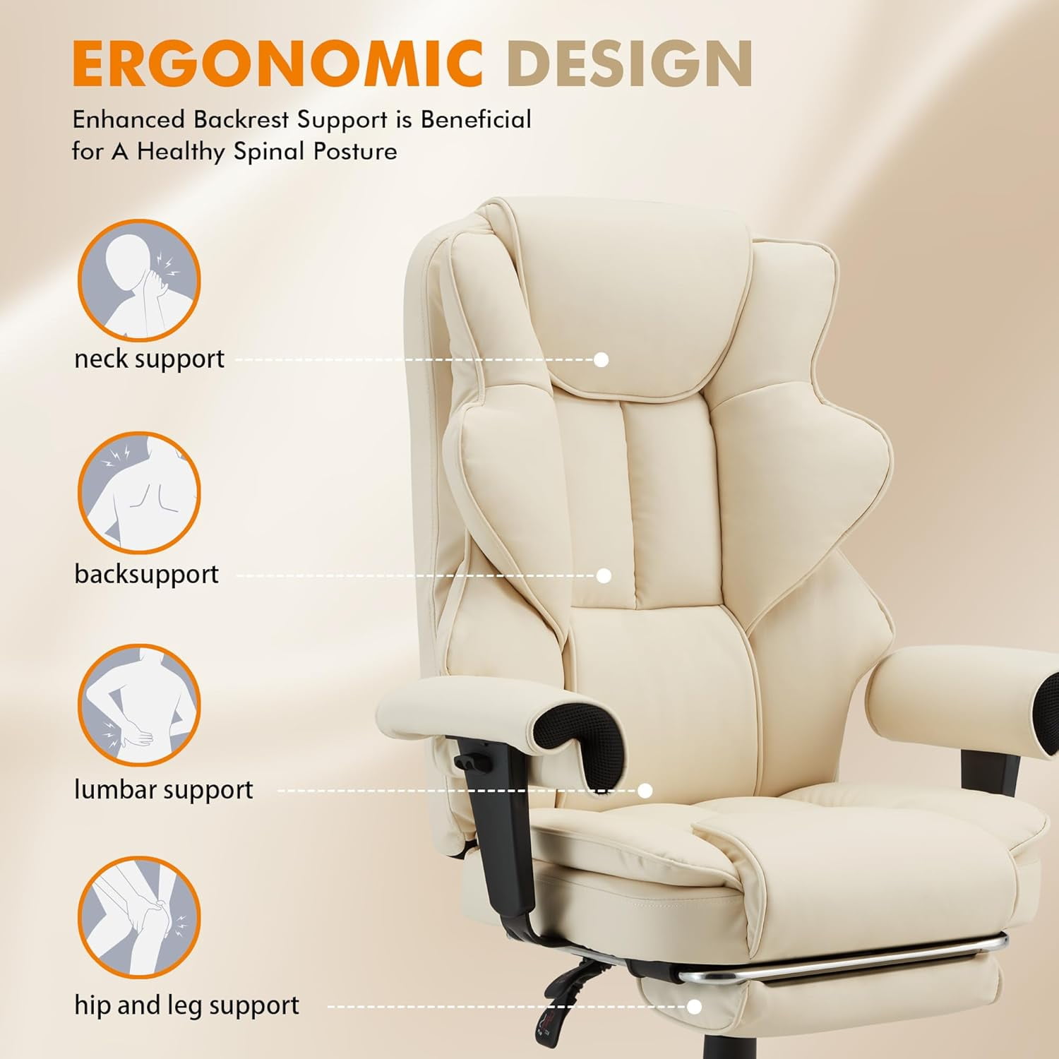 Homrest 6-Point Massage Executive Office Chair for Adults, Heated Ergonomic Home Desk Chair with Adjustable Footrest, Armrests & Backrest (Beige)