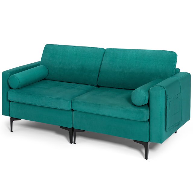 Costway Causeuse Moderne Canapé 2 Places avec 2 Coussins Cylindriques Poche de Rangement Latérale Sarcelle