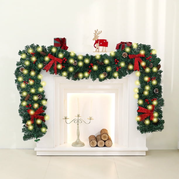 Borde Navideño de 2,7 Metros con Piñas Rojas y Frutos Brillantes para Decoración Navideña.
