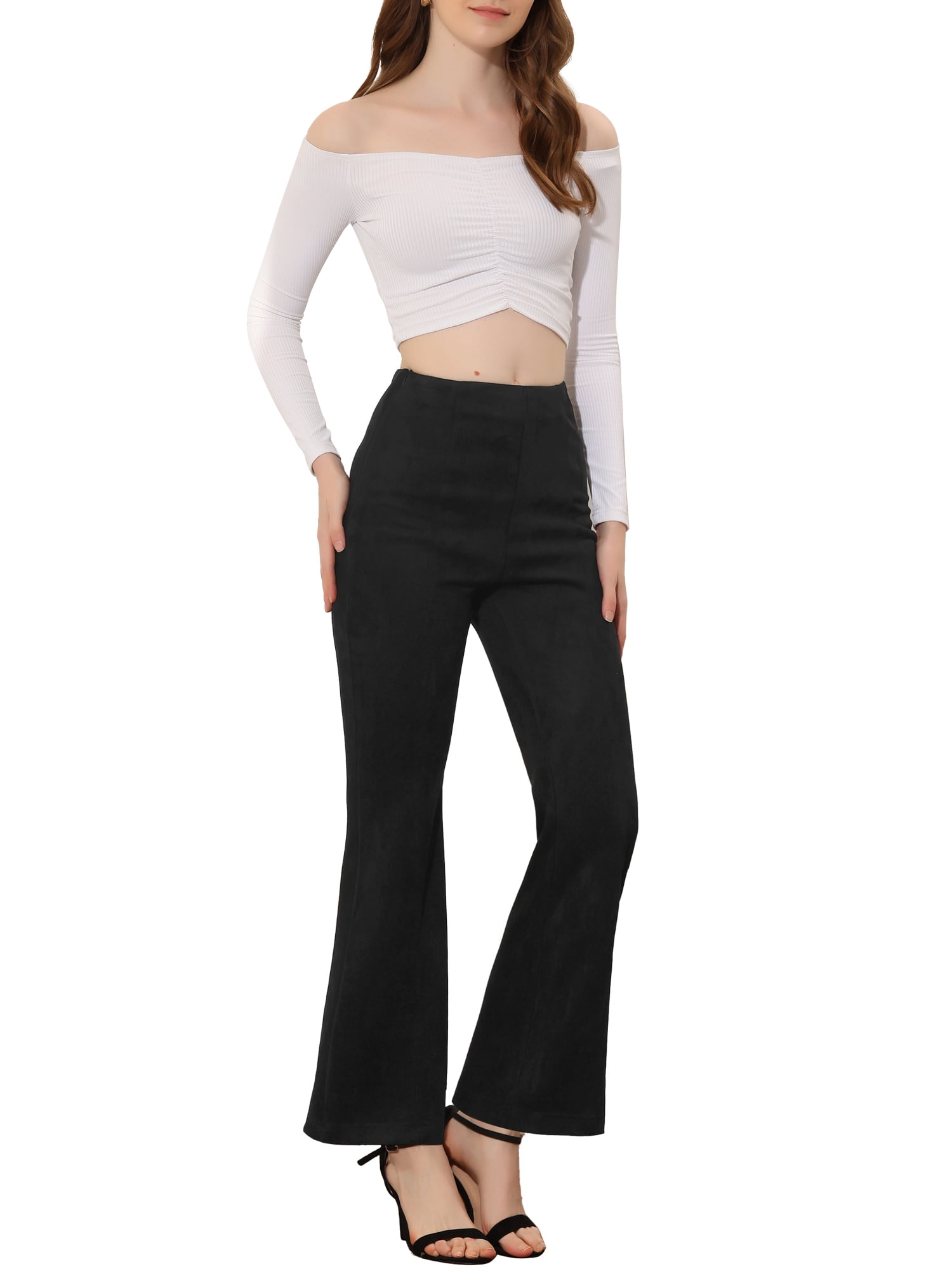 Unique Bargains Women's Flared Hidden Side Zipper Knitted Faux Suede Flared Pants L Black