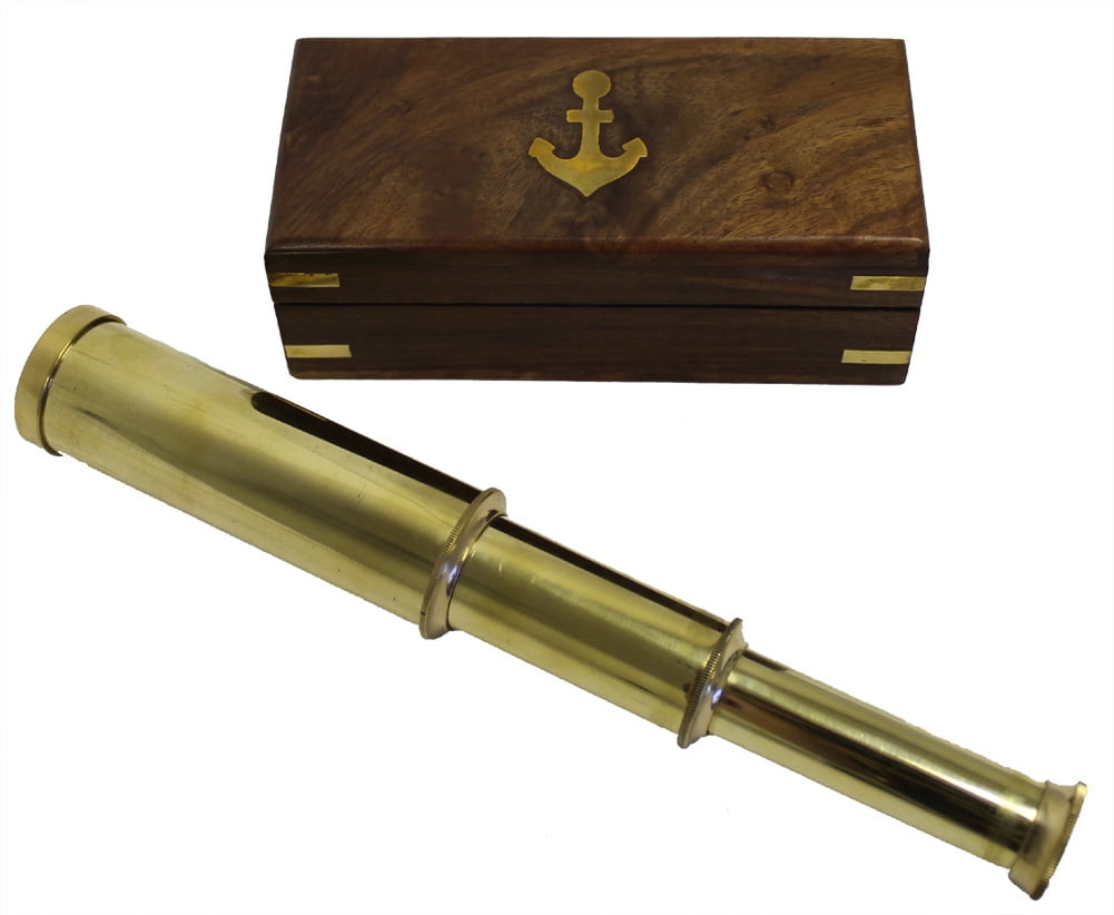 Captains 6 Brass Handheld Mini Telescope with Wooden Box Nautical Leather Telescope Collectibles Gift Item