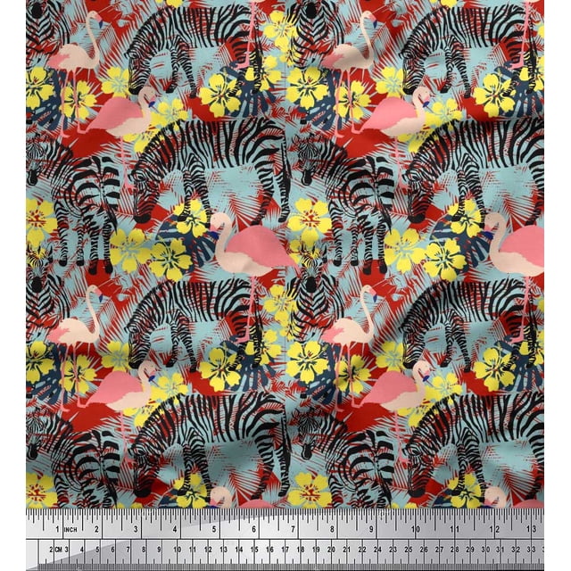 Soimoi Red Modal Satin Fabric Monstera Leaves,Flamingo & Wild Animal Decor Fabric Printed BTY 42 Inch Wide