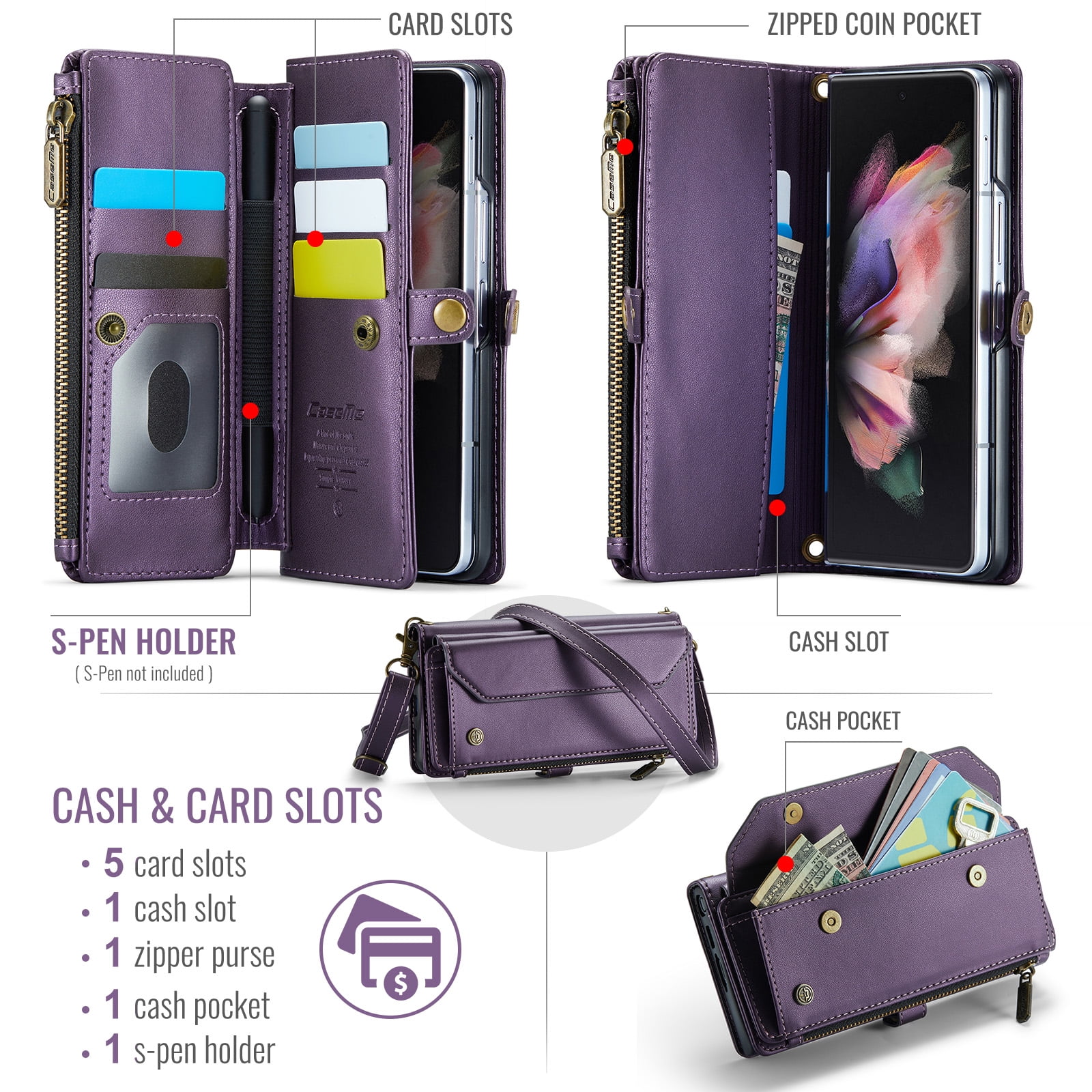 Dteck for Samsung Galaxy Z Fold 3 Case with RFID Blocking Wallet Case for Women Men, Shockproof PU Leather Magnetic Flip Strap Zipper Card Holder Phone Case,Purple