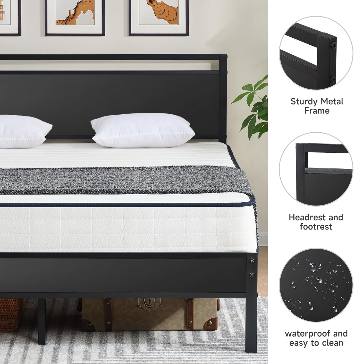 Z-HOM Queen Size Metal Platform Bed Frame with Wooden Headboard and Footboard,Black
