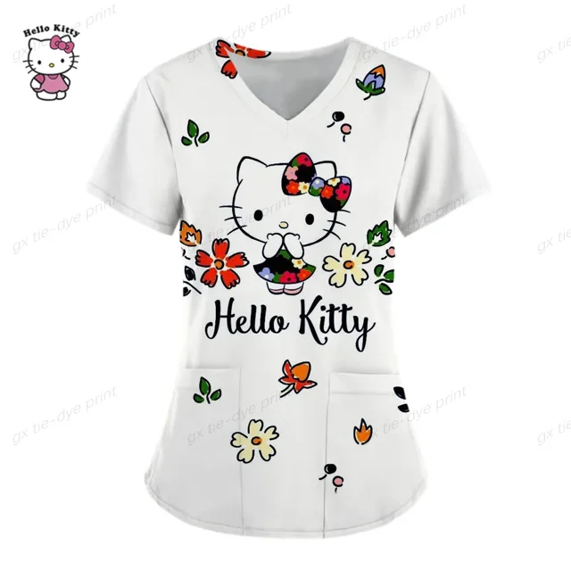 Uniforme de enfermera Kawaii para mujer, Tops con estampado de Hello Kitty, monos de manga corta con bolsillo, blusa médica de enfermería