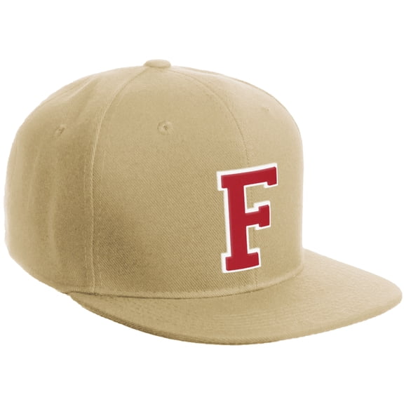 Daxton Classic Snapback Hat Custom A to Z Initial Varsity Letters, Khaki Khaki Hat White Red Letter F