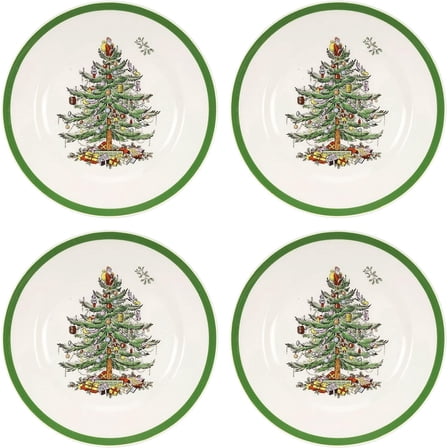 Spode 8" Green-Border Salad Plate Set - 4-Piece Christmas Tree Holiday Tableware