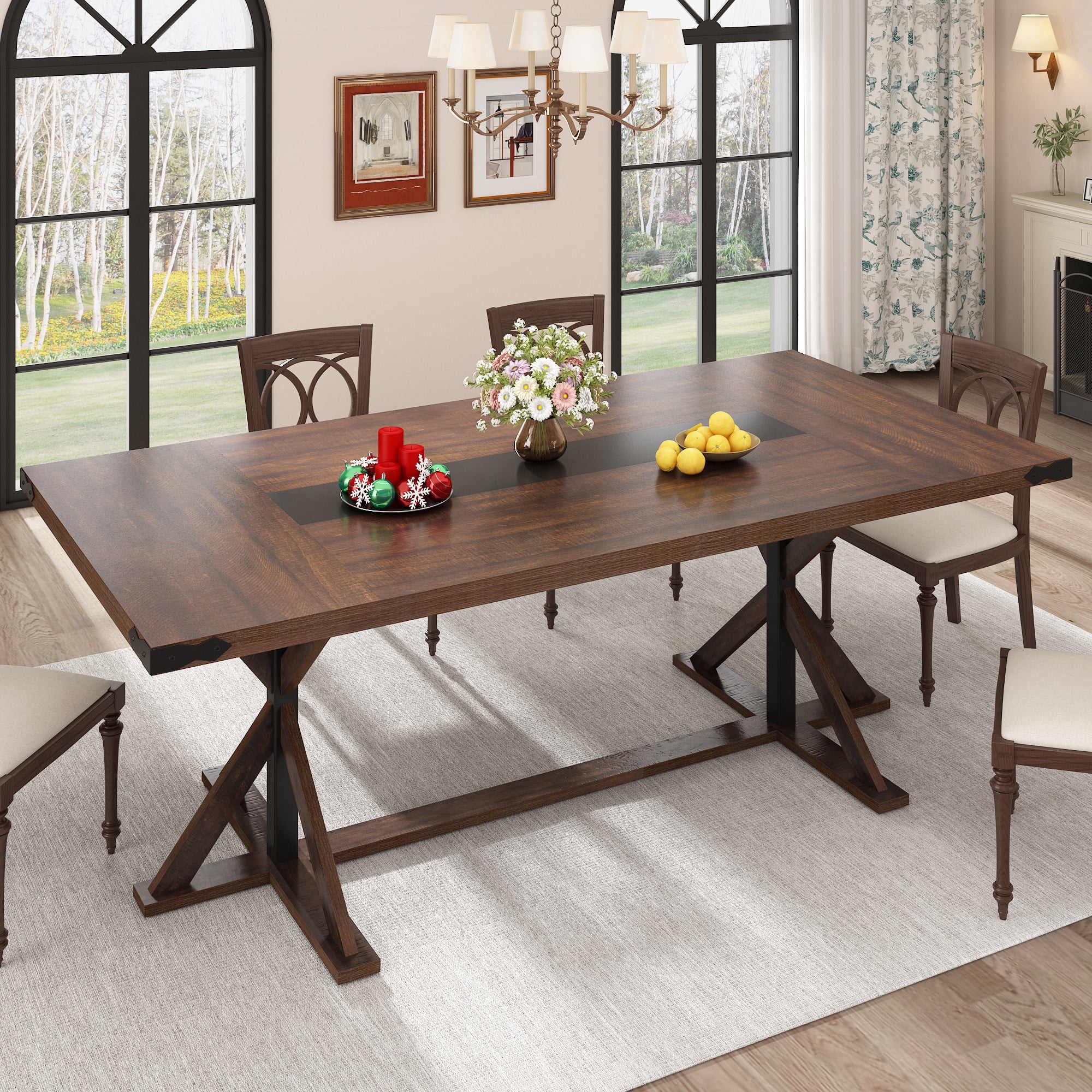 Blotout 79" Modern Farmhouse Dining Table for 8-10 People, Rectangular Wood Dining Table with Wood Strip Base, Long Kitchen Table for Dining Room, Gathering, Kitchen (Brown)
