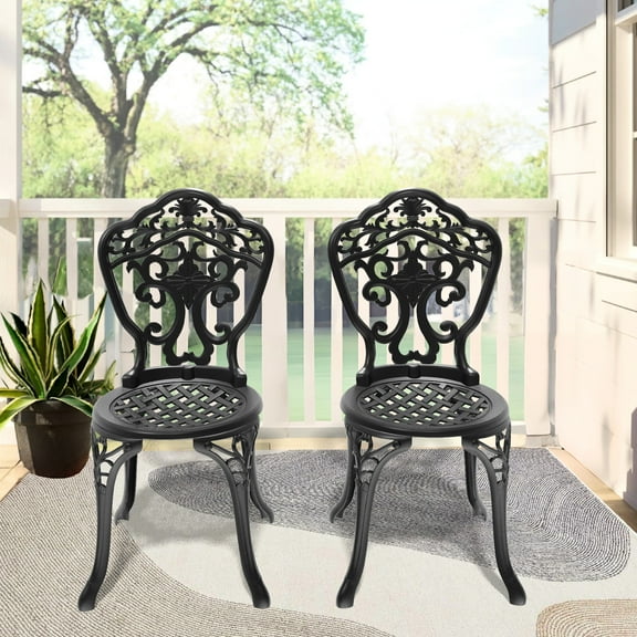 Cast Aluminum Patio Chairs (2), Black, Intricate Carvings, Excellent Weather Resistance, Non-slip Pad, Comfortable Chair Design 2pcs Dining Chairs, Black Framed, Elegant Finish, Slip Footrest,