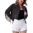 thumbnail image 1 of Chaqueta de mezclilla con flecos de manga larga y dobladillo deshilachado para mujer INSPIRE CHIC, corta, color negro, 1 of 6