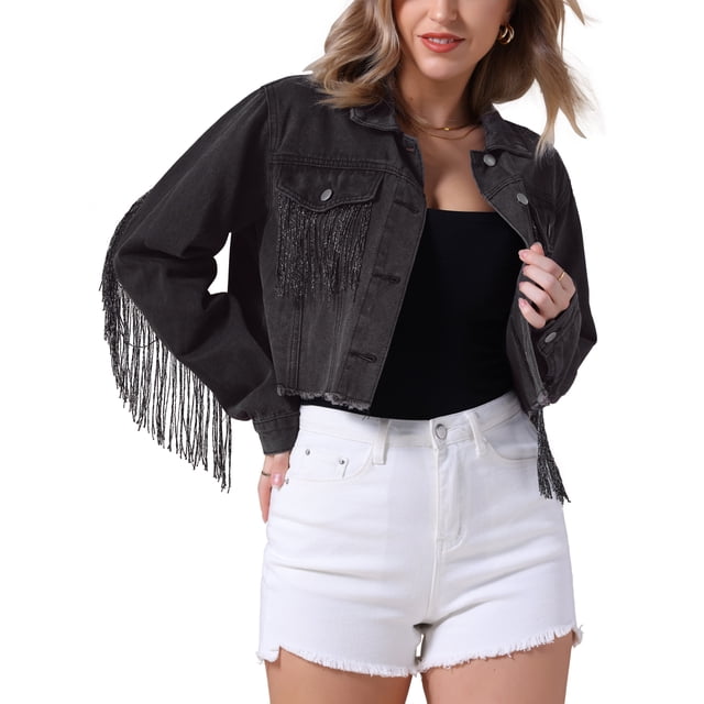 Chaqueta de mezclilla con flecos de manga larga y dobladillo deshilachado para mujer INSPIRE CHIC, corta, color negro