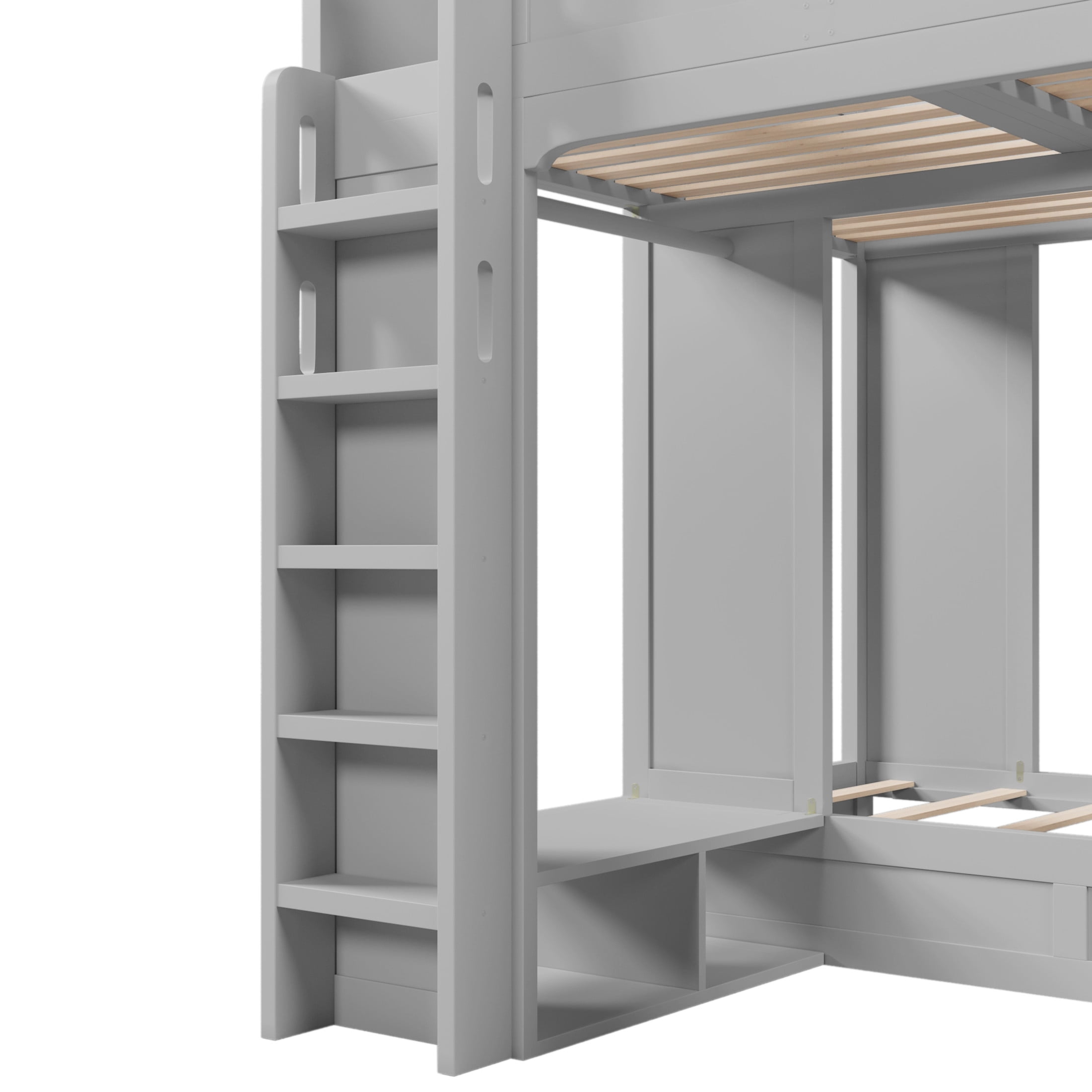 Noble House Triple Bunk Bed, Twin + Twin over Twin XL Loft Bed with Storage Shelves and Hooks, Space Saving, Gray