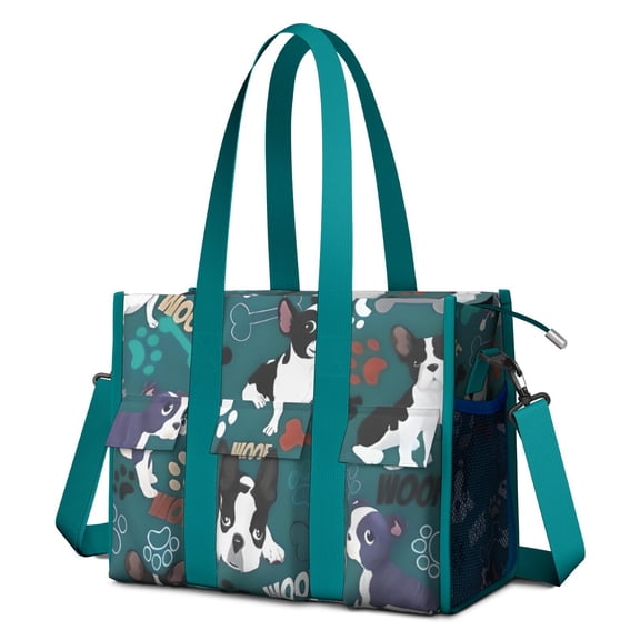 Teacher Tote Bag,Boston Terrier with Bones and Paws Teacher Utility Tote Bag,Large Work Tote Bags for Women with Multiple Pockets,Top Zipper Closure,13.8x10.6x6.7 Inch