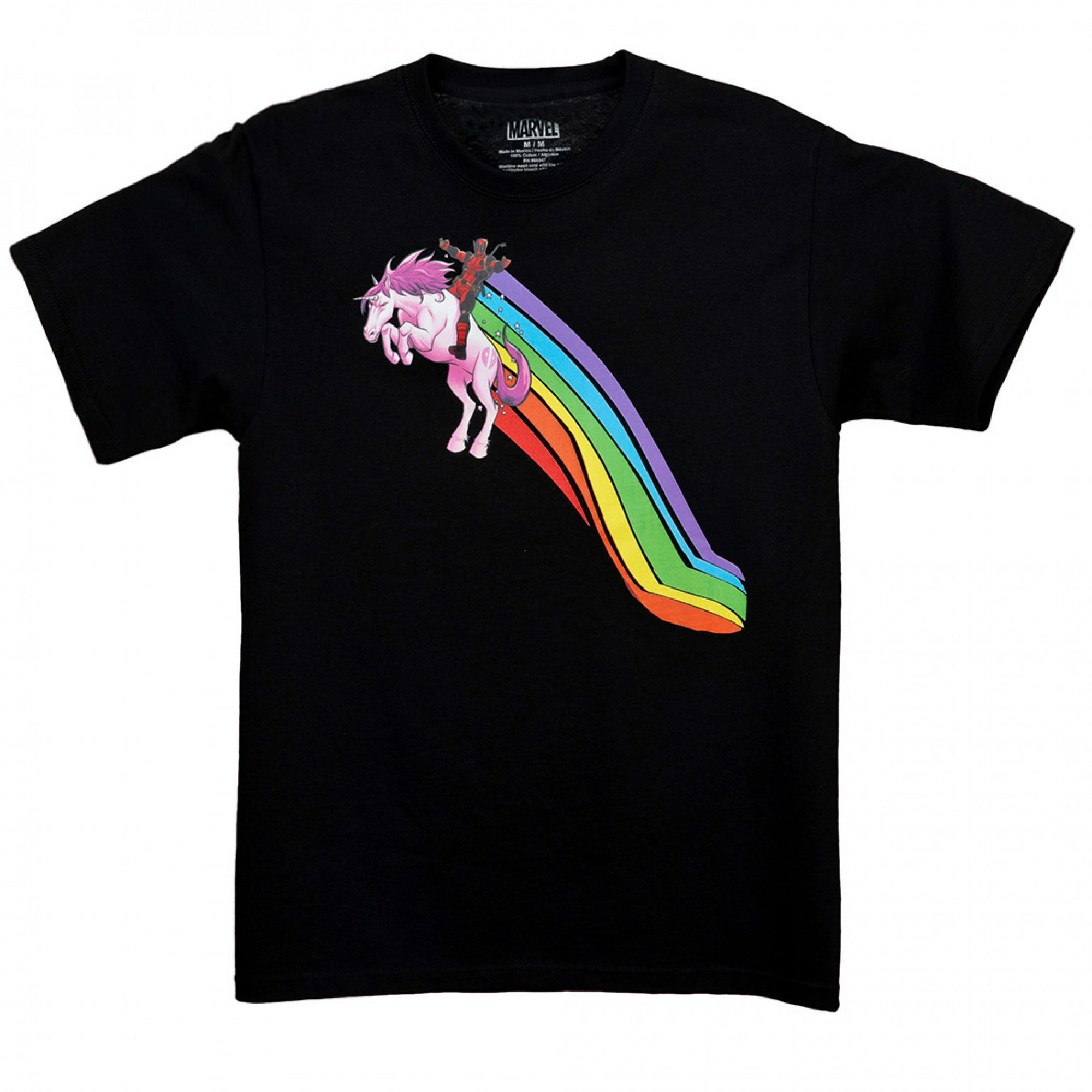 Deadpool Flying High on a Unicorn Front and Back T Shirt XLarge