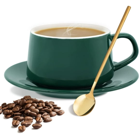 ABPETE Coffee Mug with Spoons, Espresso Cups and Saucer for Latte & Cappuccino & Double Espresso, Valentines Day, Office, Essentials for New Home(Green)