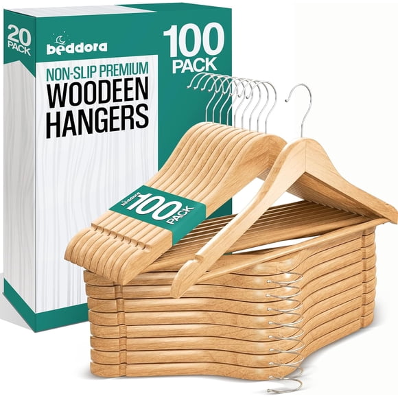 Beddora Wooden Hangers 100 pack - 360 rotatable Swivel Hook Durable & Slim Lightweight with Shoulder Grooves - Wood Hanger for Clothes Coats Pants Suits Jackets in Natural