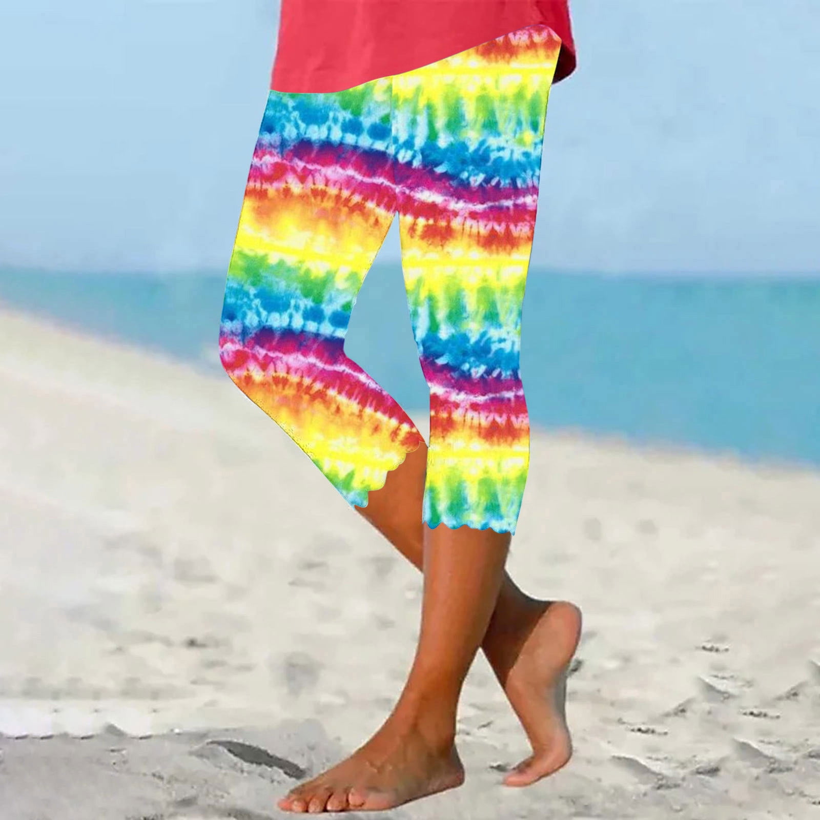 BADHUB Women's Tie Dye Capris Leggings High Waist Rainbow Printed
