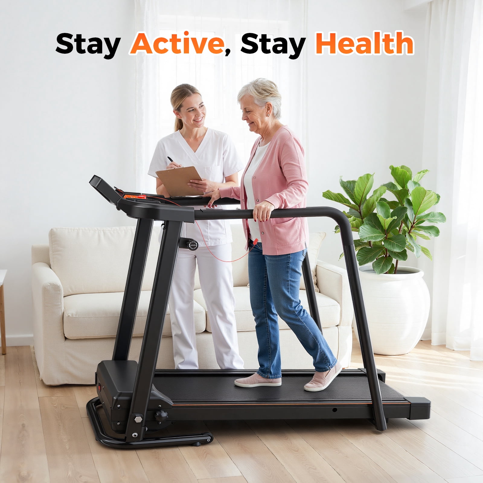 OBENSKY Walking Treadmills for Senior for Home with Long Handrail 300 lbs Weight Capacity Foldable Recovery Fitness Exercise Machine 3.0HP Running with Cup Holder With APP