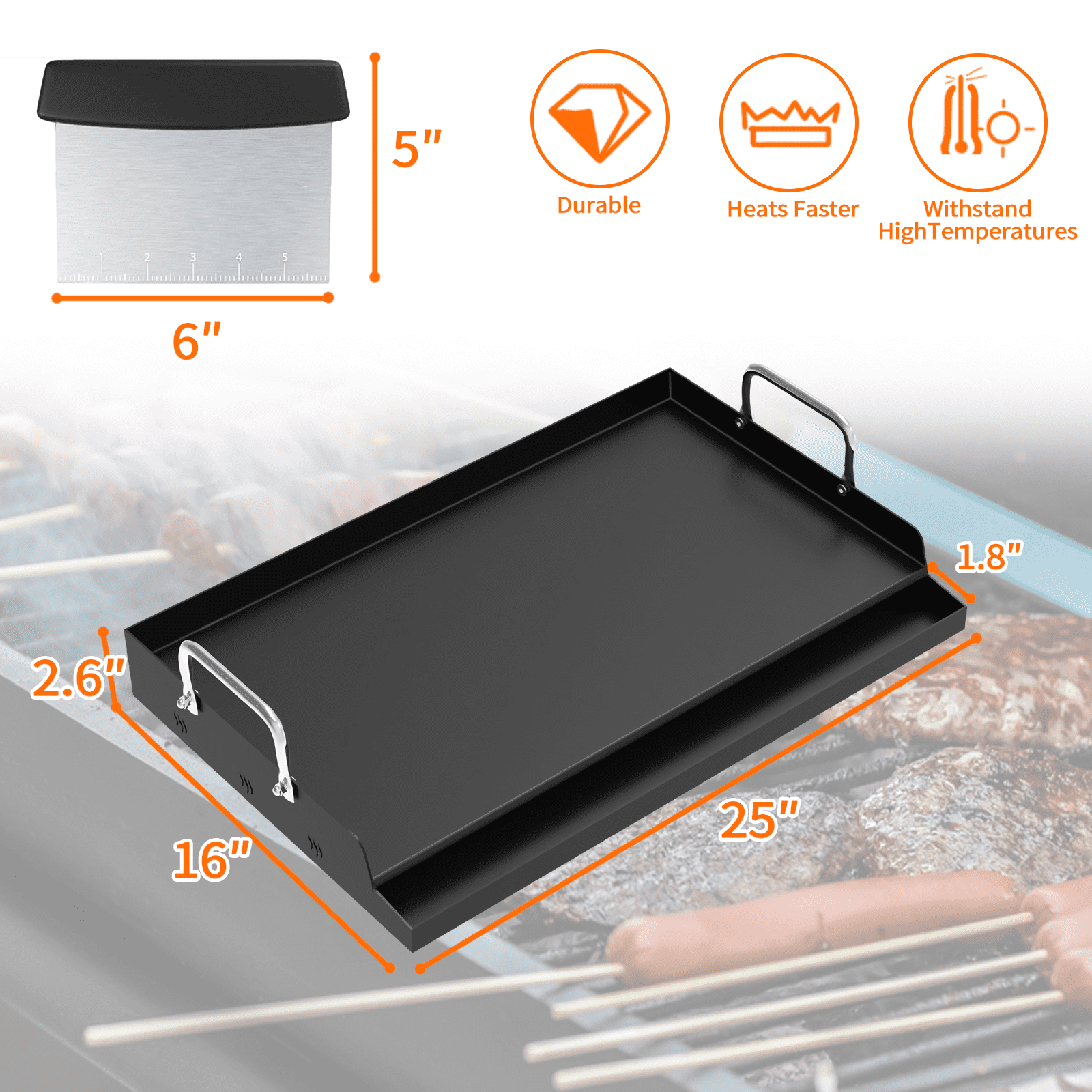 Yacona Griddle for Gas Grill, Outdoor Cast Iron Grill with Grease Trough, Nonstick Stove Top Griddle, 25＂×16＂