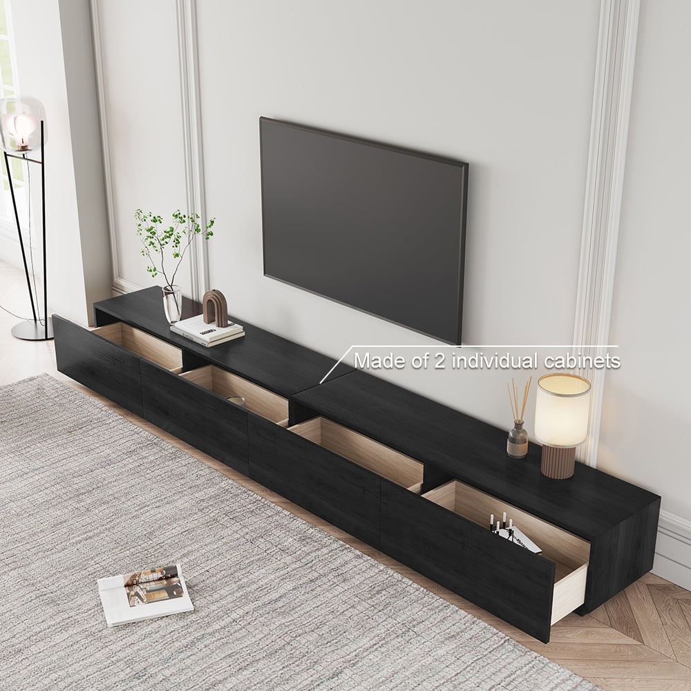 POVISON Modern Black TV Stand, Minimalist Long Media Console for up to 100 Inch TV with 4 Drawers, Sub-package, 118"