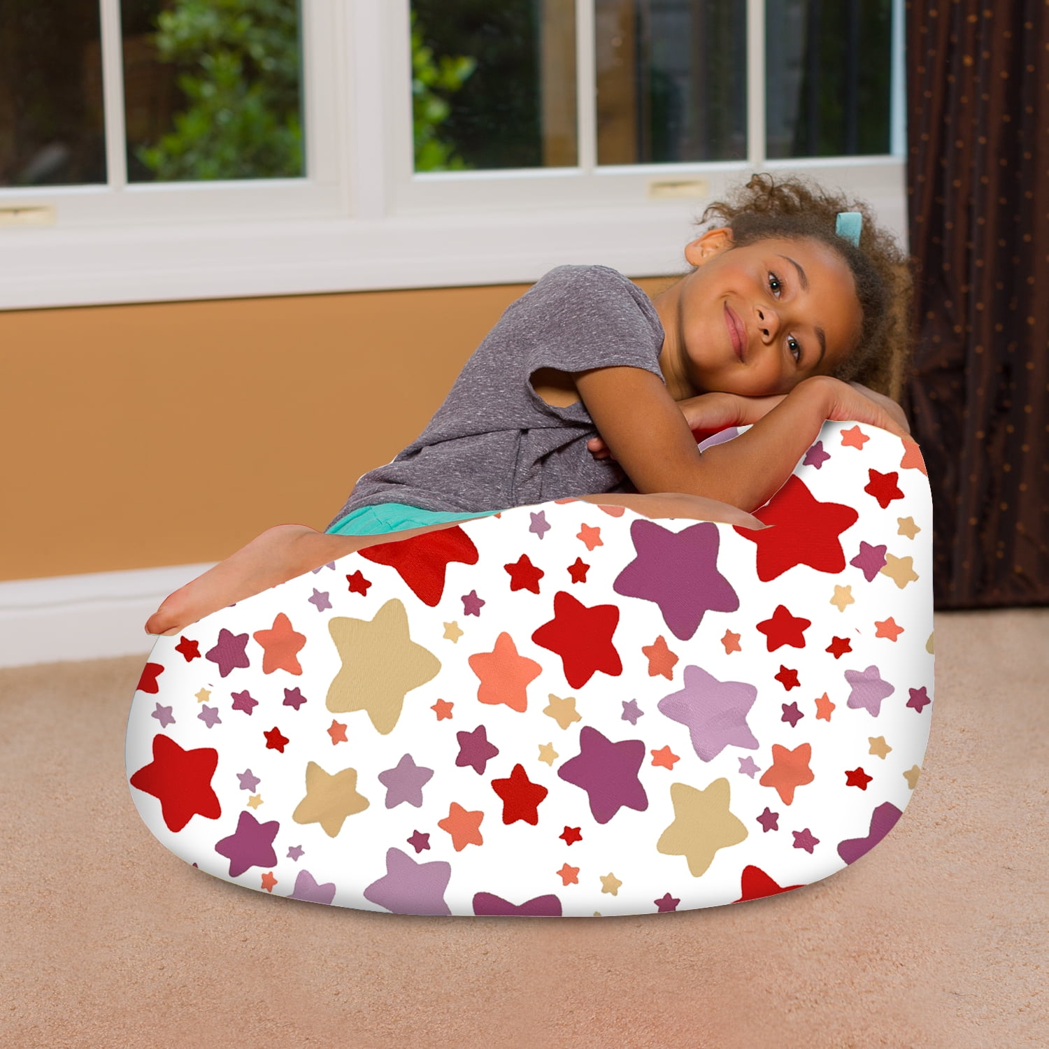 Posh Creations Bean Bag Chair, Kids, 2.25 ft, Canvas Stars Pink and Purple