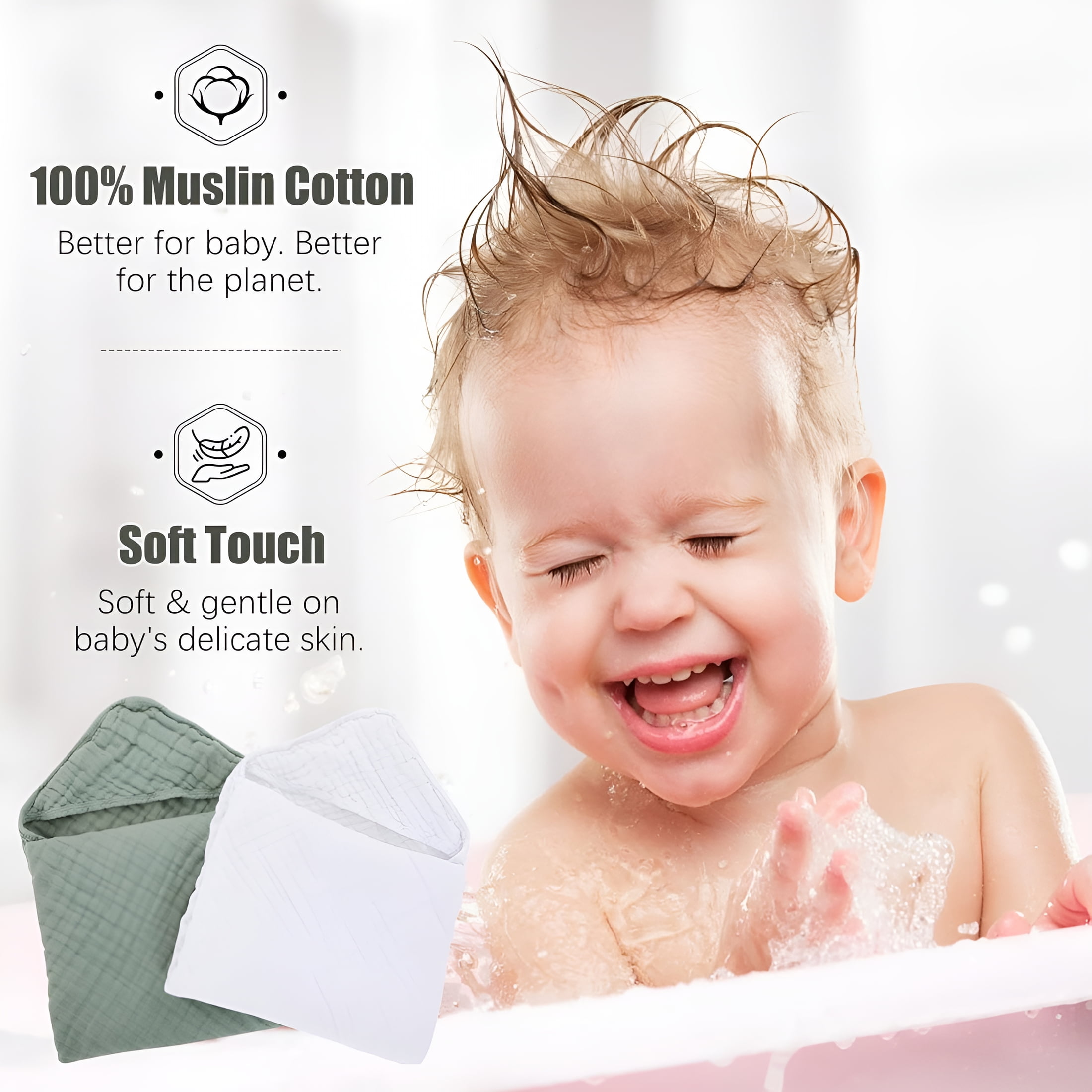 AUQ 2026 New 2 Packs Hooded Baby Bath Towel,Soft&Absorbent Muslin Cotton Baby Towels with Hood for Babies,Toddler&Kids,Green+Grey,31 X 31" for Baby,Bath,Toddler,Kids,Swimming