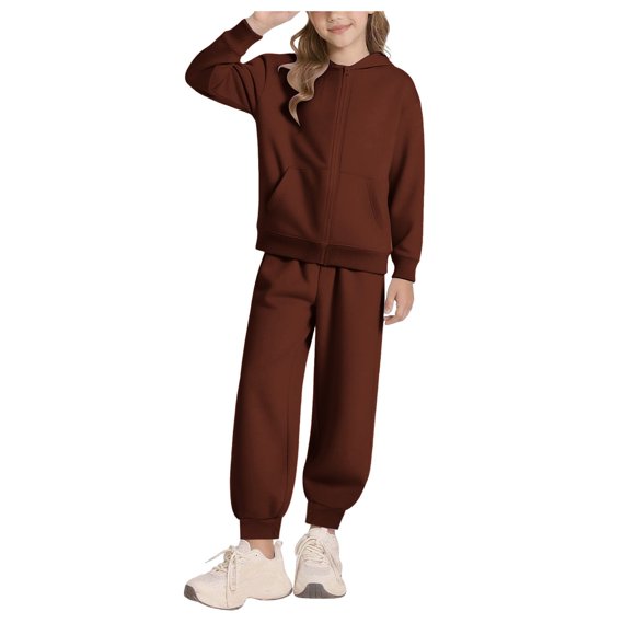 Caqnni Sleek & Sporty Girls Sweatsuit: Modern Design Hoodie and Tapered Joggers for Gymnastics Warm-Ups and Fitness Challenges(A01-Coffee,5-6 Years)